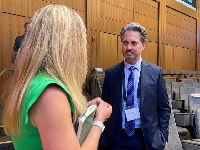 St. Louis Federal Reserve Bank President Alberto Musalem discusses monetary policy with Professor Christina Parajon Skinner at a conference hosted by Stanford University's Hoover Institution in Palo Alto, California, on May 3, 2024. 

Image Source: Reuters 