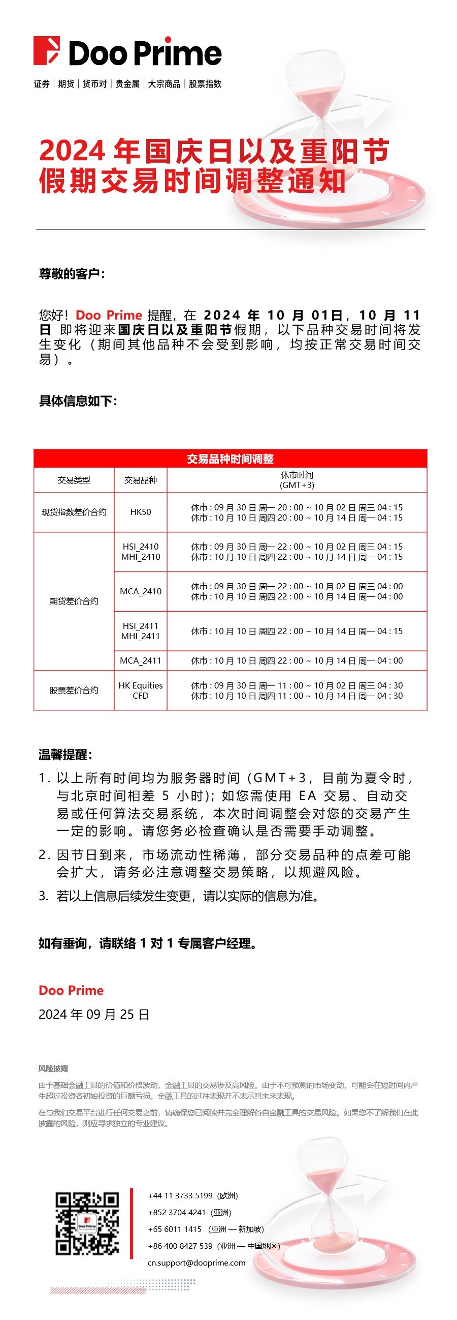 2024 年国庆日以及重阳节假期交易时间调整通知